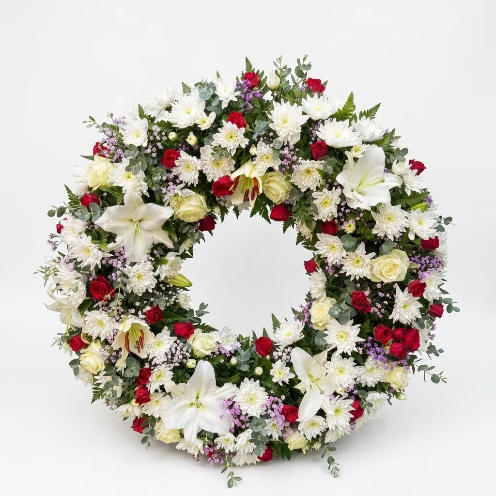 A circular floral wreath featuring white lilies, red roses, white chrysanthemums, yellow roses, and green foliage, photographed against a seamless white background.