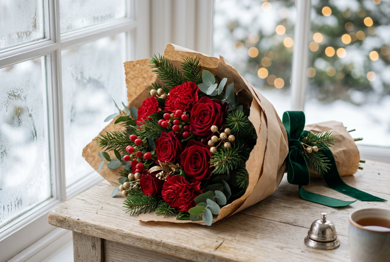 Hand-tied red rose and winter foliage Christmas bouquet from a Northampton florist