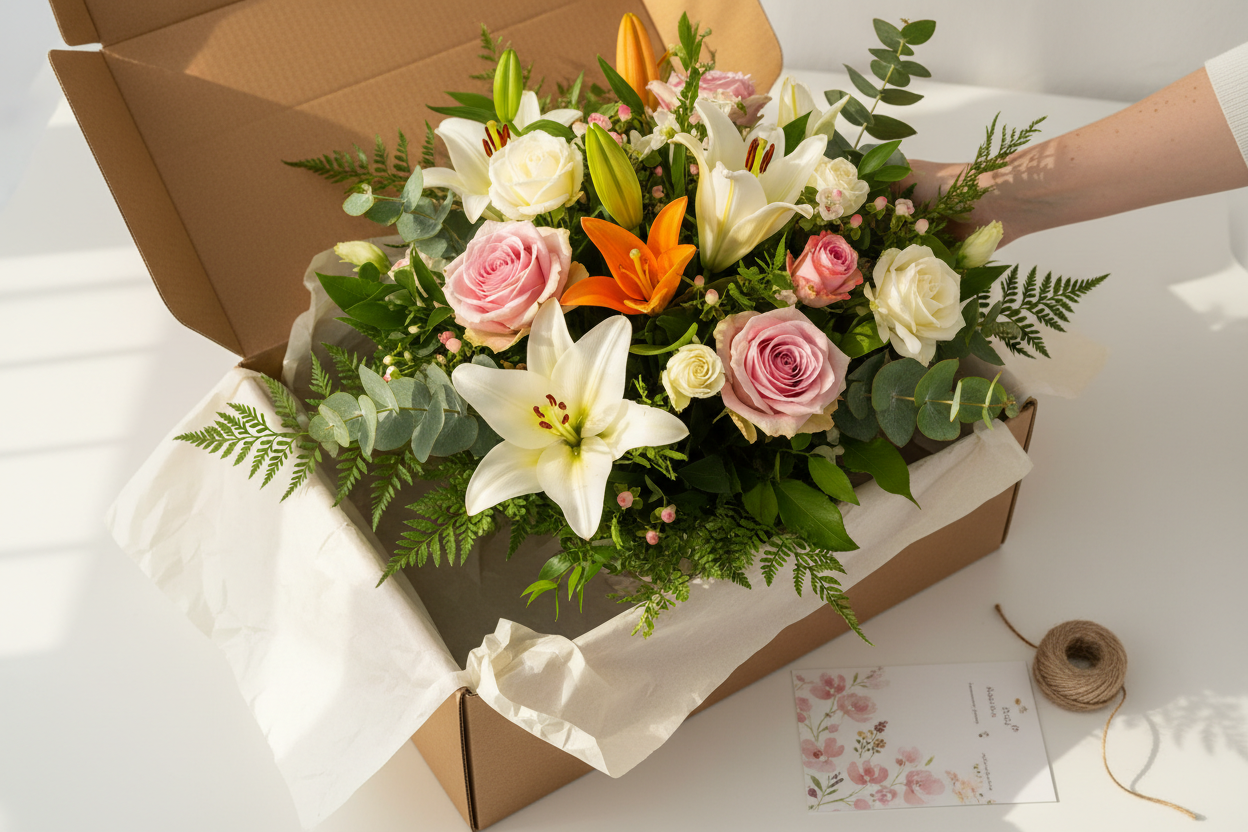 Mixed flower bouquet packed in a delivery box ready for next day courier dispatch