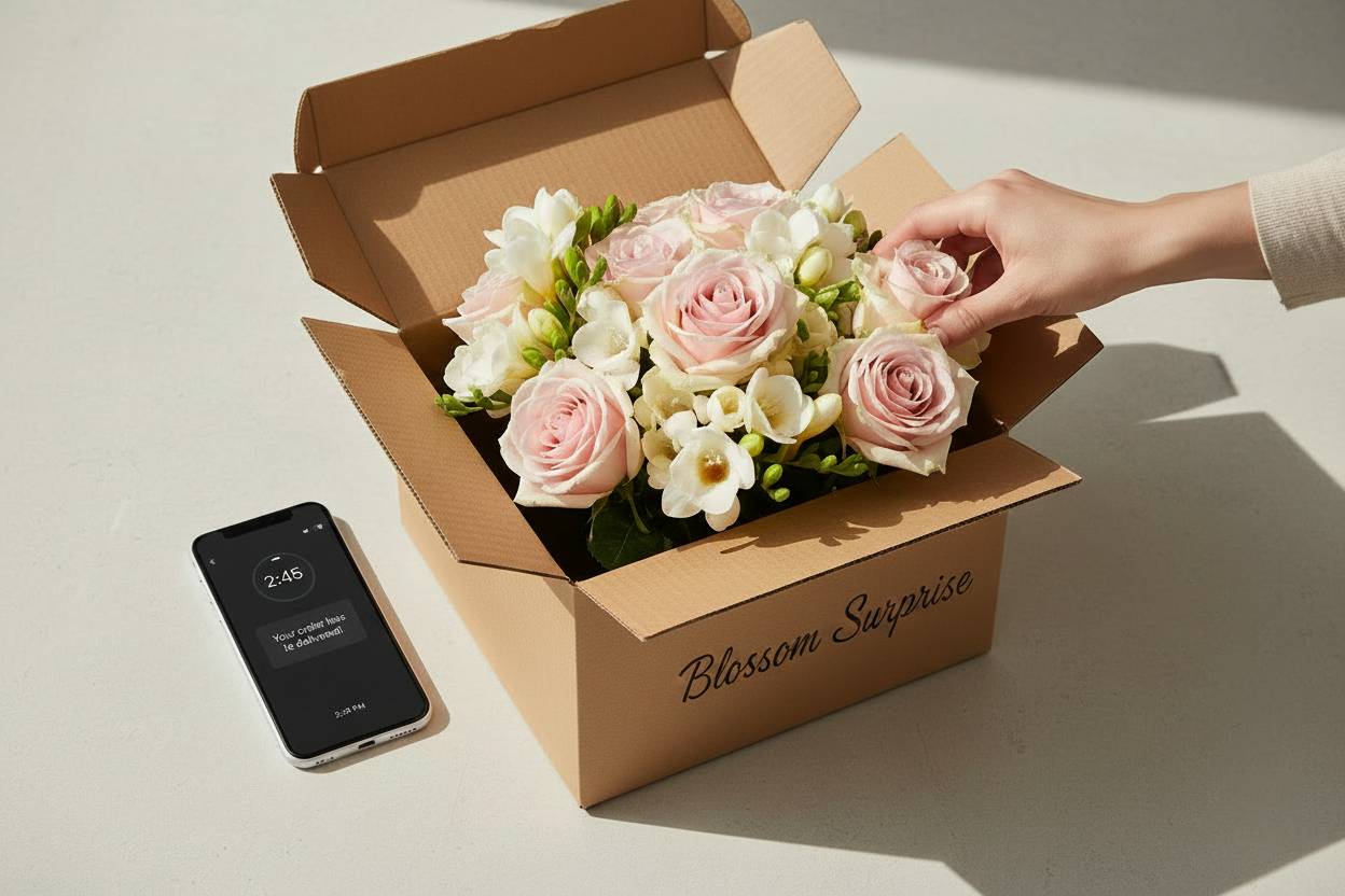 A hand reaching into frame placing a bouquet of blush roses and white freesia into a Blossom Surprise-branded brown cardboard box. Beside the box: a smartphone screen showing a delivery confirmation notification and a clock face reading 2:45 PM.