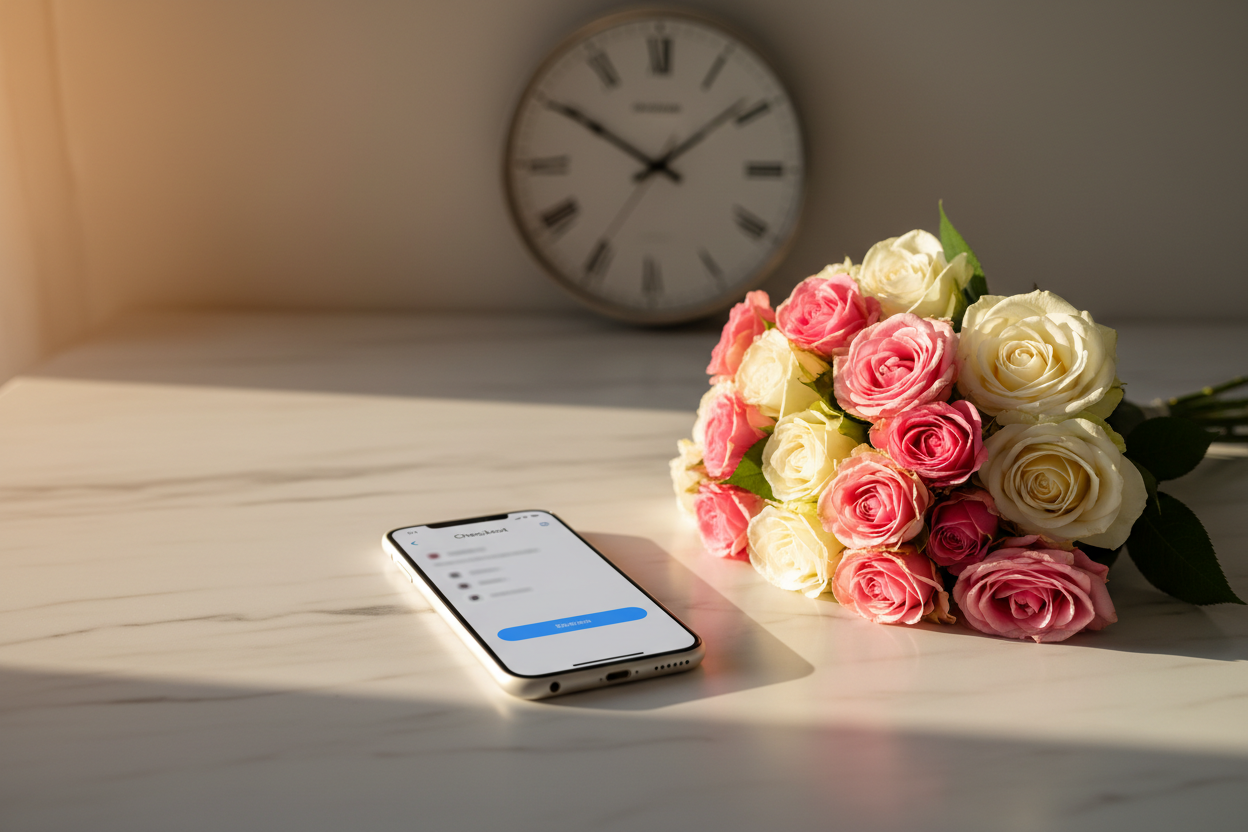 Smartphone at flower checkout beside a bouquet, clock in background showing late afternoon — same-day delivery cut-off time