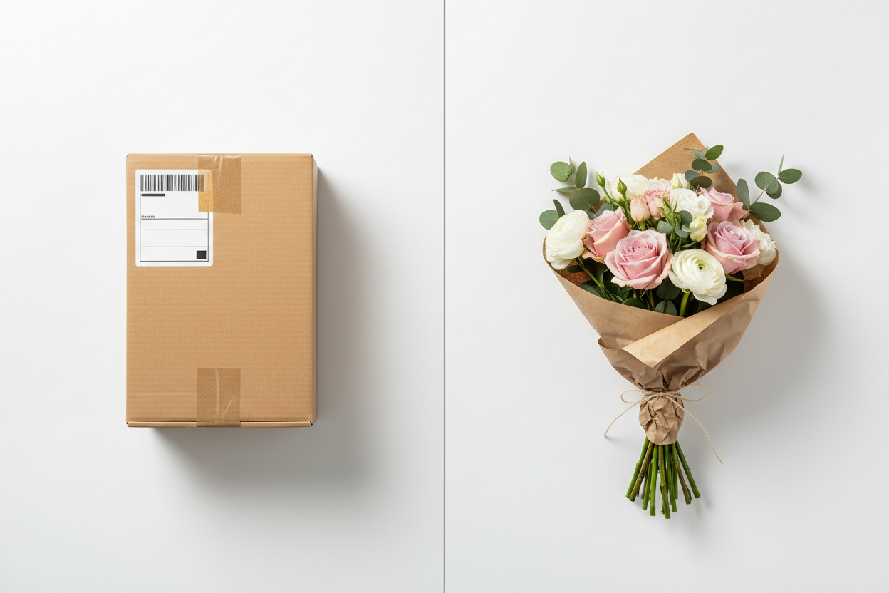 Split image comparing a courier delivery box with a fresh hand-tied local florist bouquet