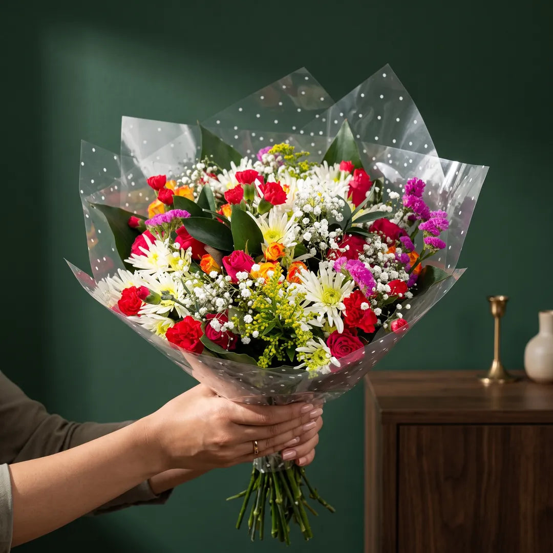 A vibrant mixed flower bouquet wrapped in clear polka-dot tissue paper, held by a person's hands against a dark green background with a wooden side table. Main image