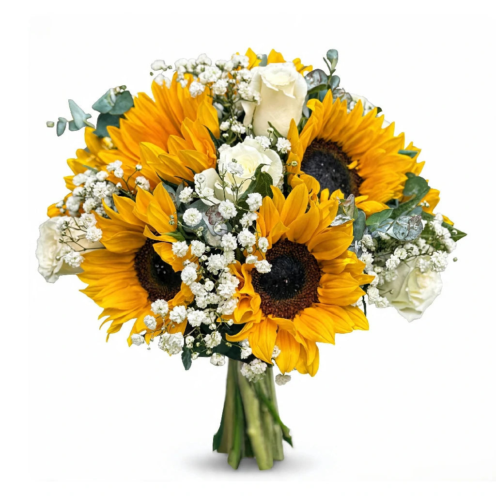 Sunflower and white rose hand-tied bridal bouquet with gypsophila and eucalyptus, natural stems bound — Blossom Surprise Northampton Main image