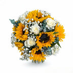 Overhead view of sunflower and white rose bridal bouquet with gypsophila and eucalyptus, hand-tied — Blossom Surprise Northampton