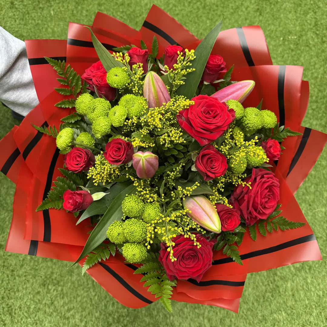 Scarlet Edge - Red Rose, Lily and Chrysanthemum Bouquet Secondary image