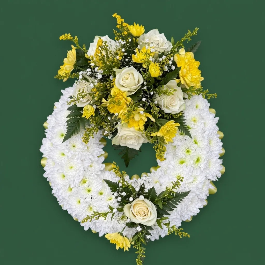 Open wreath round tribute with base flower and ribbon edge, white flowers as base and white and yellow mixed decoration Main image