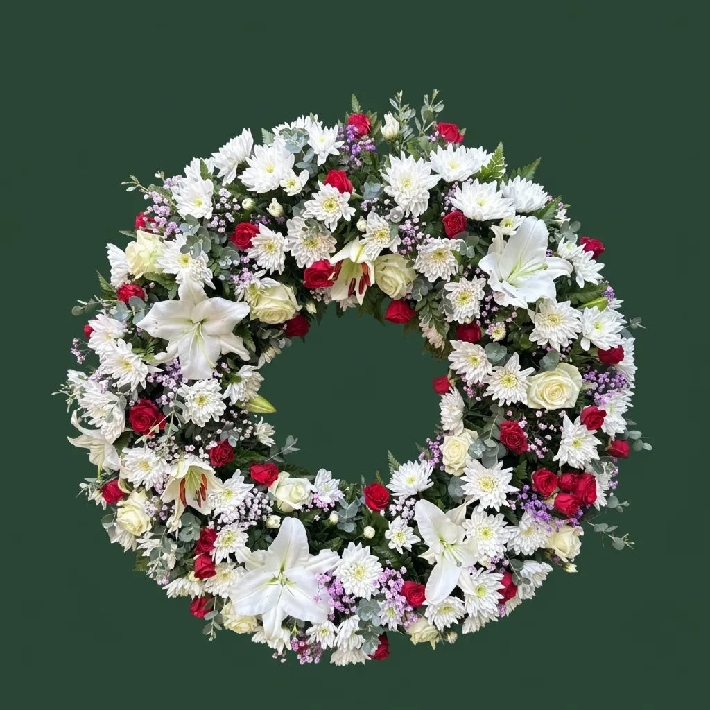 A circular floral wreath featuring white lilies, white chrysanthemums, red roses, and small purple flowers with green foliage, set against a solid dark green background.