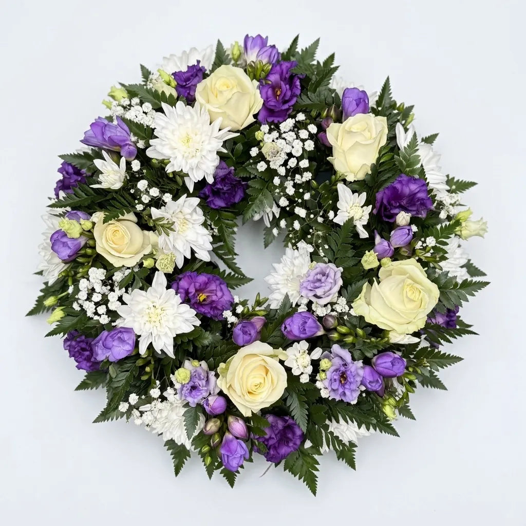 A circular floral wreath featuring white and pale yellow roses, purple flowers, white daisies, and green foliage on a plain white background.