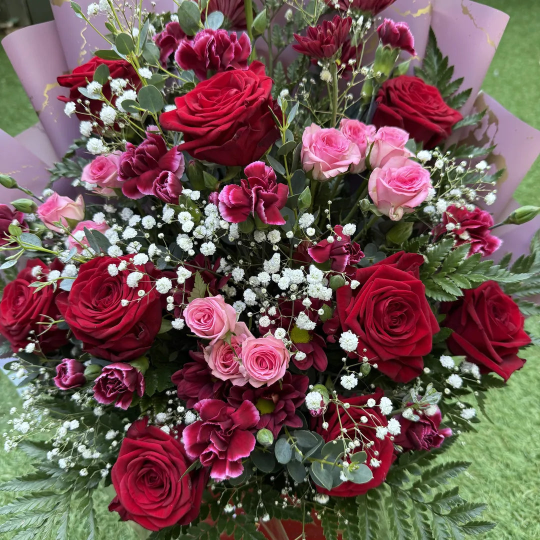Crimson Luxe - Red Rose and Pink Spray Rose Box Bouquet