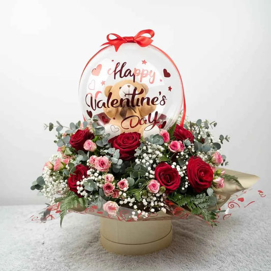 Valentine's Teddy Bear Balloon & Red Rose Hat Box