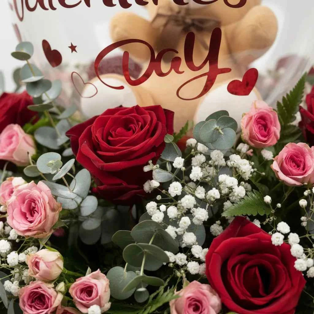Valentine's Teddy Bear Balloon & Red Rose Hat Box