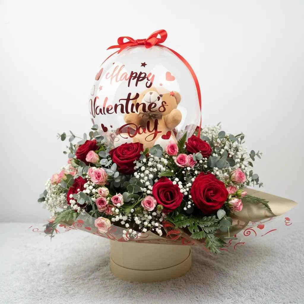 Valentine's Teddy Bear Balloon & Red Rose Hat Box